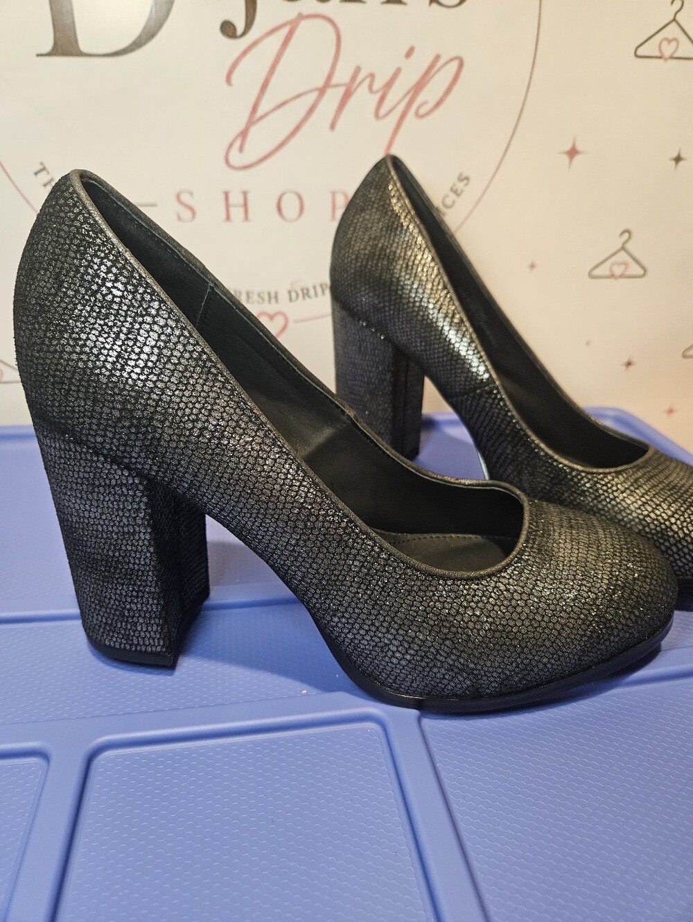 Isola Metallic Black Textured Block Heel Pumps